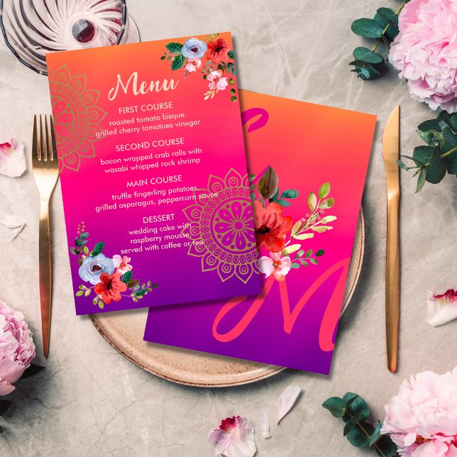 Menu Fuchsia rose orange brillant gras Mariage floral (Créateur téléchargé)