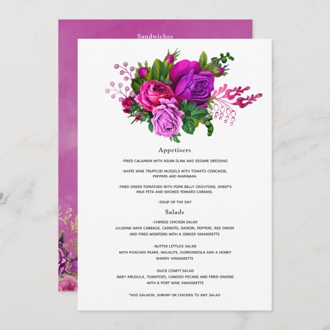 Menu Fuchsia vintage et Mariage floral pourpre (Devant / Derrière)