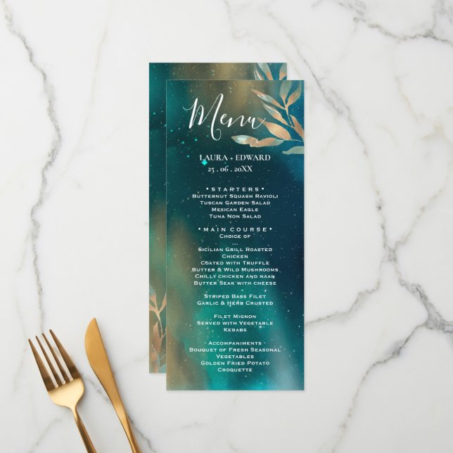 Menu Galaxie nébuleuse verte émeraude ciel nocturne feu (Devant/Arrière en situation)