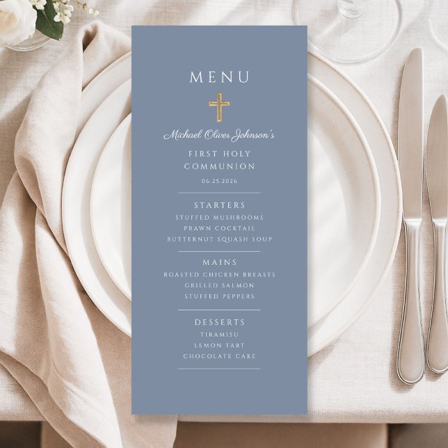 Menu Garçon élégant bleu poussiéreux Première communion (Elegant Dusty Blue Boy First Communion Menu)