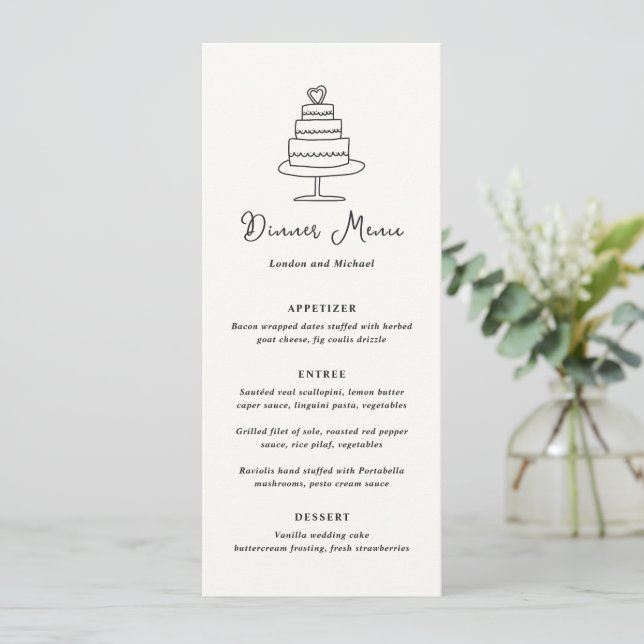 Menu Gâteau Dessiné à la Main Doodle Mariage Moderne (Debout devant)