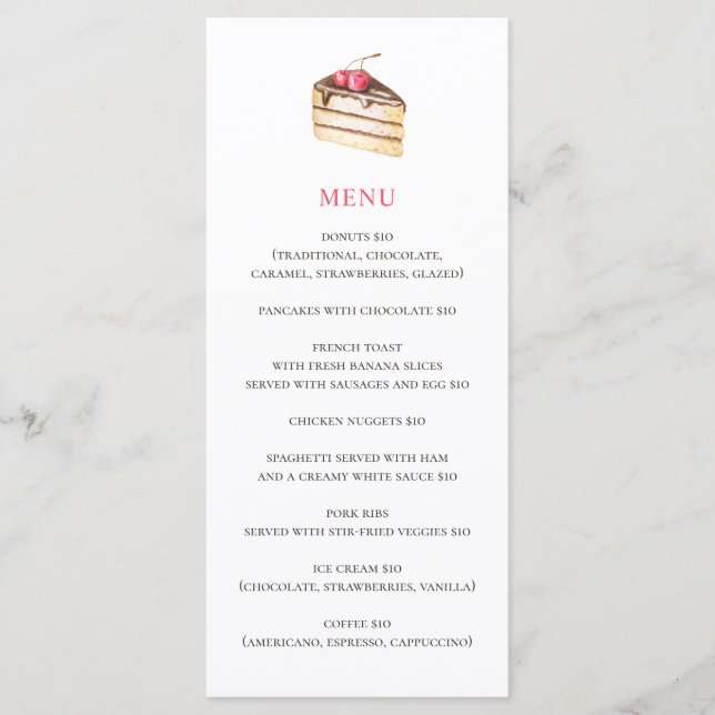 Menu Gâteau ou tarte à l'aquarelle. Simple pâtisserie c (Devant)