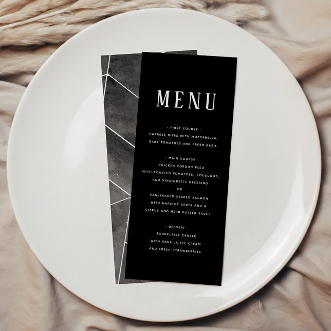 Menu géométrique de gala à l'aquarelle noire (Black Watercolor Geometric Gala Menu)
