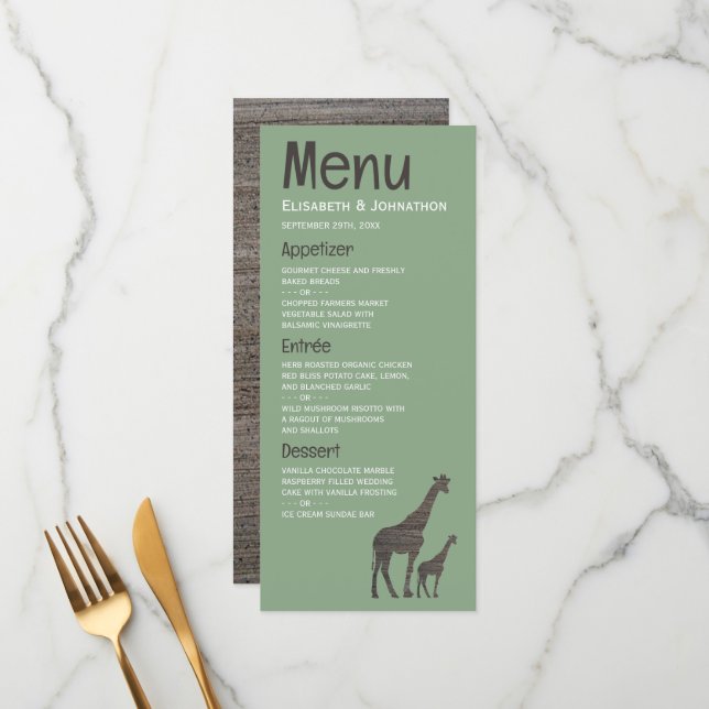 Menu Giraffe Safari d'argile, Mariage rustique (Devant/Arrière en situation)