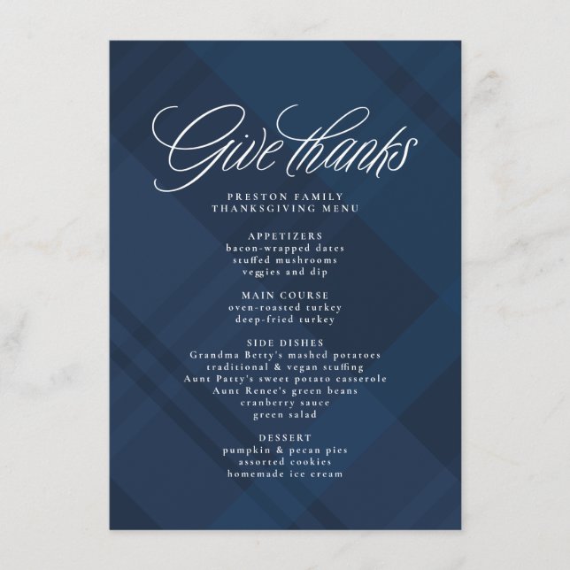 Menu Give thanks Thanksgiving dinner navy plaid (Devant)