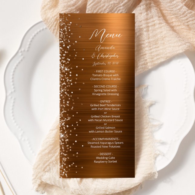 Menu Glam Burnt Orange Glitter Brushed Metal Wedding (Créateur téléchargé)