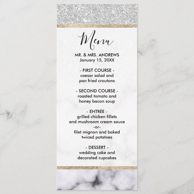 Menu Glamorous Silver White Glitter Marble Gradient (Devant)