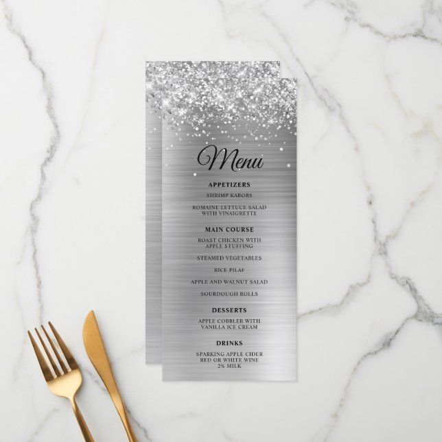 Menu Glittery Argent Foil Réception de mariage (Devant/Arrière en situation)