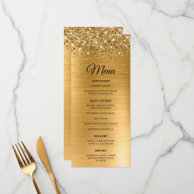 Menu Glittery Gold Foil Réception de mariage (Devant/Arrière en situation)