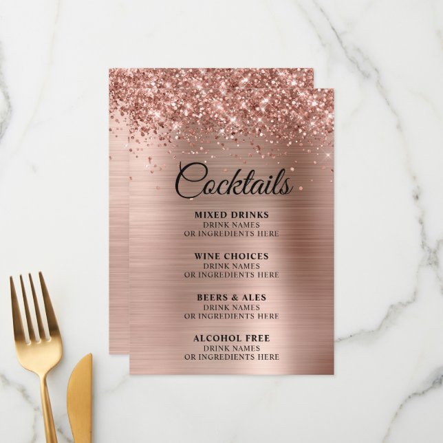 Menu Glittery Rose Gold Foil Cocktails Bar (Devant/Arrière en situation)