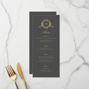 Menu Gold Baroque Crest Dark Grey Monogram Mariage