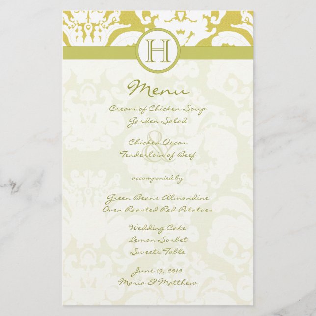 Menu Gold et Lime Mariage damassé (Devant)