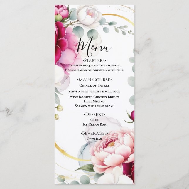 Menu Gold Halo Garden Peonies & Orchids Floral Wedding  (Devant)