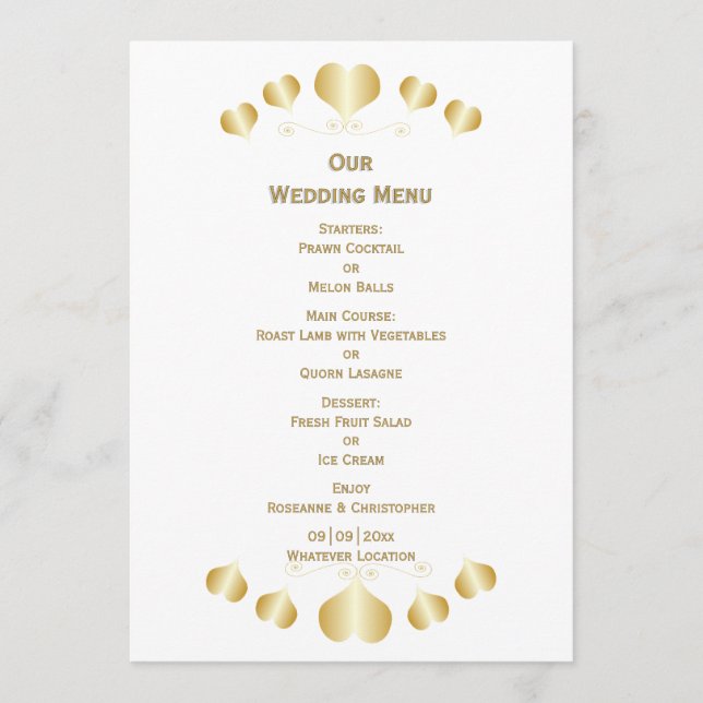Menu Gold Hearts Design Wedding (Devant)