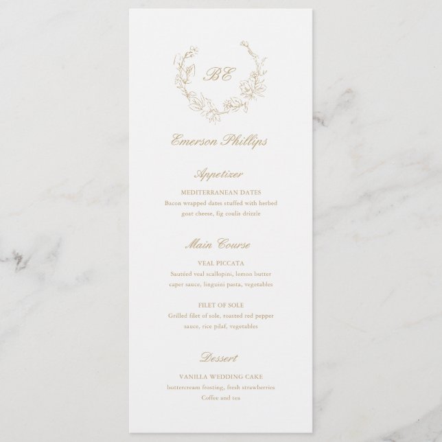 Menu Gold Monogram Nom du client Mariage élégant (Devant)