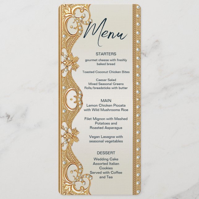 Menu Gold Ornate White Pearls (Devant)