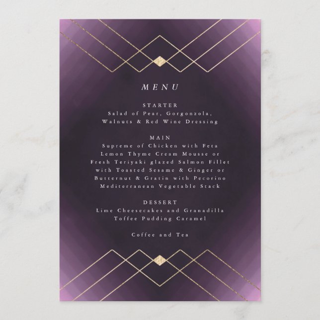 Menu Gold Purple Elegance Diamant Geo Déco Mariage (Devant)