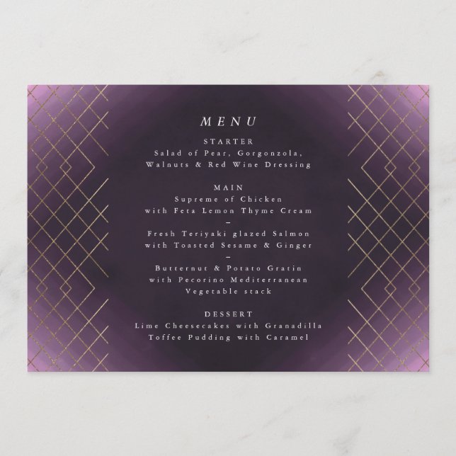 Menu Gold Purple Elegance Diamant Geo Déco Mariage (Devant)
