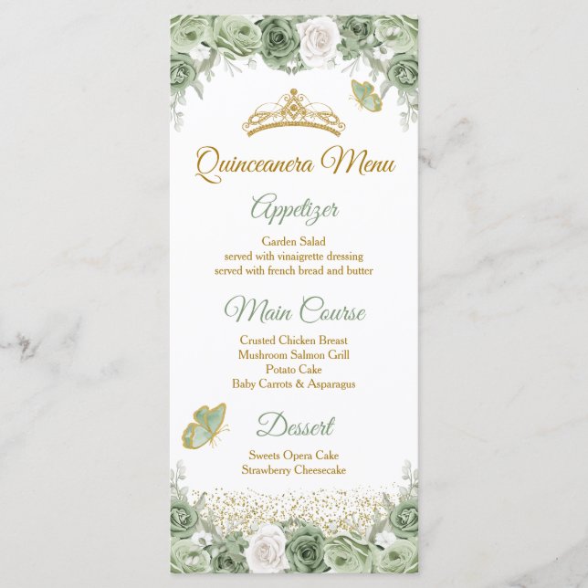 Menu Gold Quinceañera Sage Green Crown Butterfly (Devant)