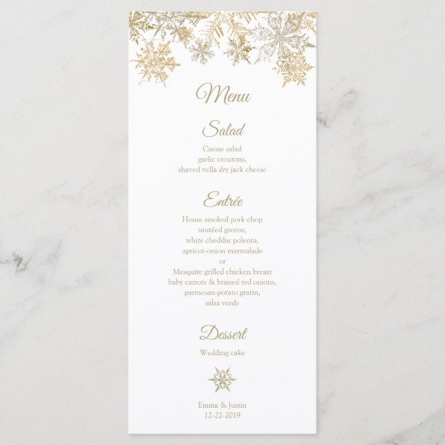 Menu Gold Snowflakes Elégant Hiver Mariage Rackcard (Devant)