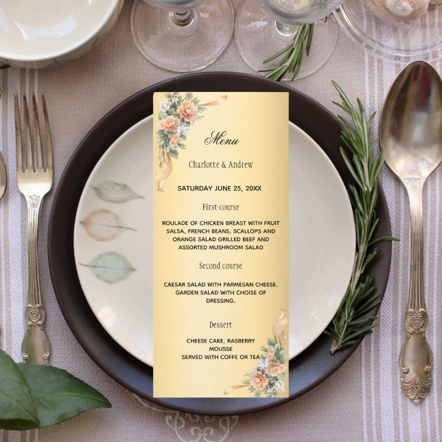 Menu Gold yellow florals ribbon  wedding anniversary (Créateur téléchargé)