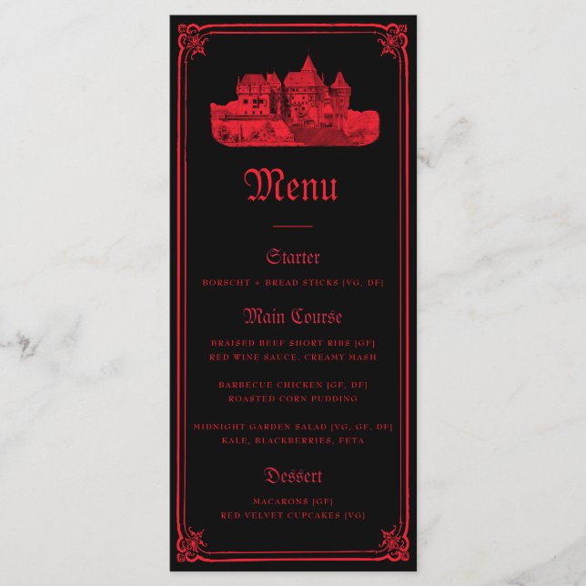 Menu Gothic Vampire Castle Border Black Red Wedding  (Devant)