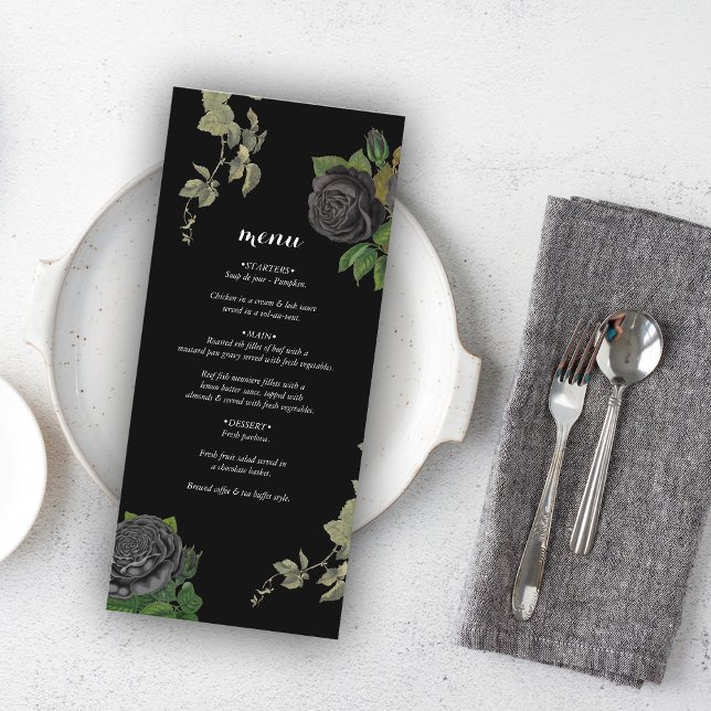 Menu Gothique Halloween Rose noir Mariage (Gothic Halloween Black Roses Wedding Menu)