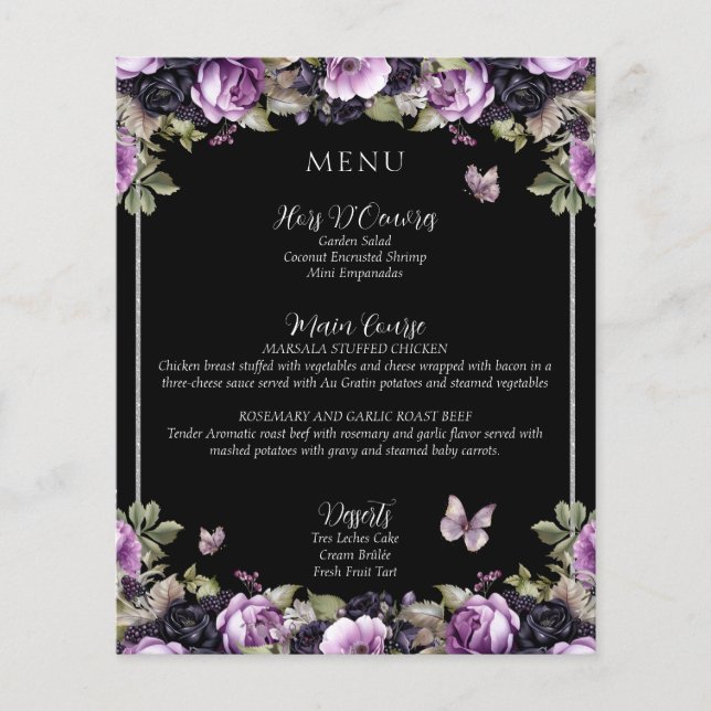Menu Gothique Violet & Noir Moody Quinceañera (Devant)