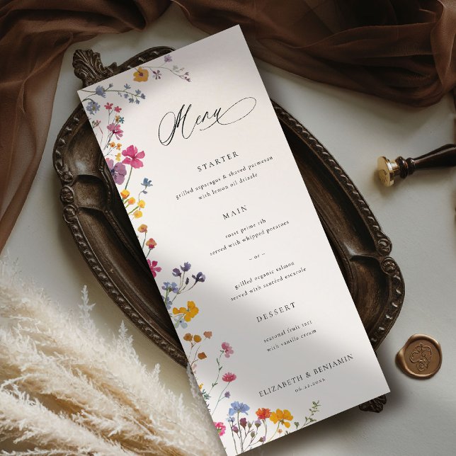 Menu Grâce aux fleurs sauvages Élégante florale moderne (wildflower wedding theme menu romantic colorful watercolor pastel floral timeless classic)