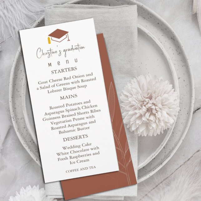 Menu Graduation Arrière - plan en terre cuite moderne (Terracotta graduation menu  #chic #graduate #classof2024 #dinner)
