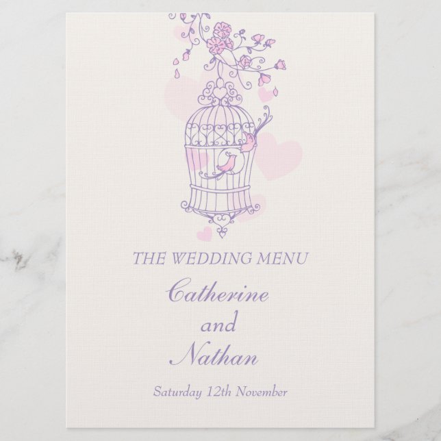 Menu grand mariage rose violet en cage pour oiseau (Devant)