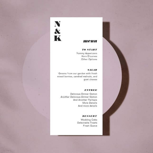 Menu Gras Monogramme Mariage noir et blanc personnalisa (Créateur téléchargé)