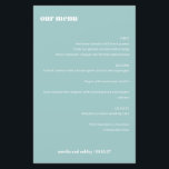 Menu Gras simple Aqua bleu simple personnalisé mar<br><div class="desc">Donnez le ton d'une expérience de mariage élégante avec cette carte de menu mariage élégante. Doté d'un arrière - plan bleu aqua sophistiqué et d'une typographie blanche propre, ce menu personnalisable met en valeur les noms du couple et la date du mariage. Parfait pour les réceptions, les dîners de répétition...</div>