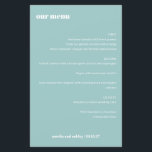 Menu Gras simple Aqua bleu simple personnalisé mar<br><div class="desc">Donnez le ton d'une expérience de mariage élégante avec cette carte de menu mariage élégante. Doté d'un arrière - plan bleu aqua sophistiqué et d'une typographie blanche propre, ce menu personnalisable met en valeur les noms du couple et la date du mariage. Parfait pour les réceptions, les dîners de répétition...</div>