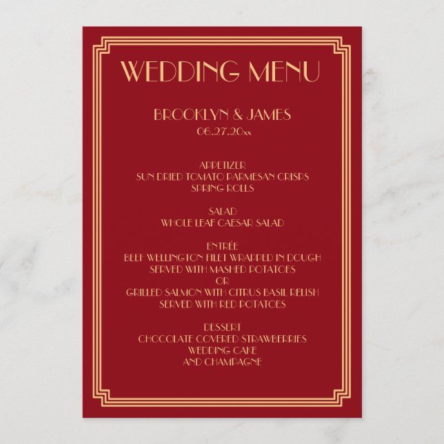 Menu Great Gatsby Art Deco Gold Red Mariage (Devant)