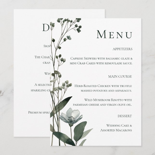 Menu Green Floral Botanical Wedding (Devant / Derrière)