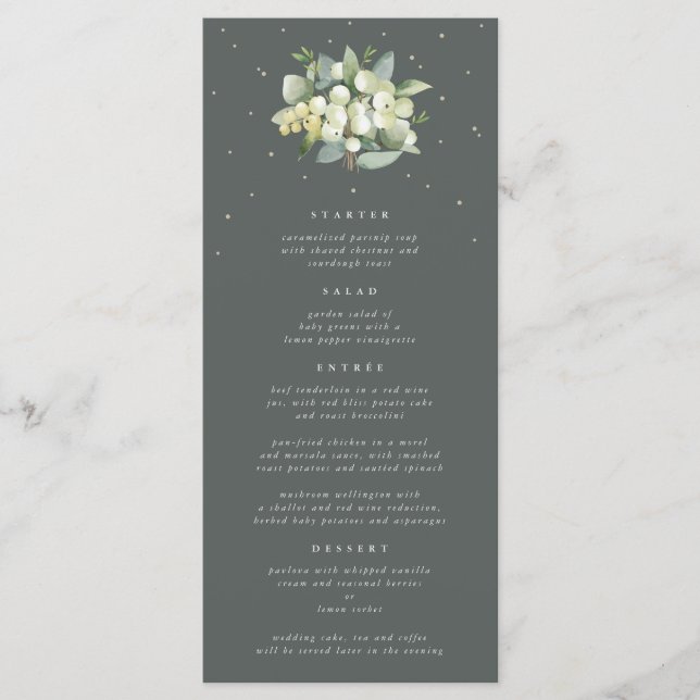 Menu Green Snowberry+Eucalyptus 4 Parcours Mariage plat (Devant)