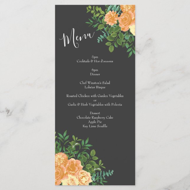 Menu Gris foncé Pêche Mariage Floral moderne (Devant)