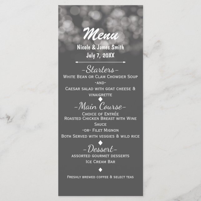 Menu Gris Moderne Lumières Minimales Élégant Glam Party (Devant)