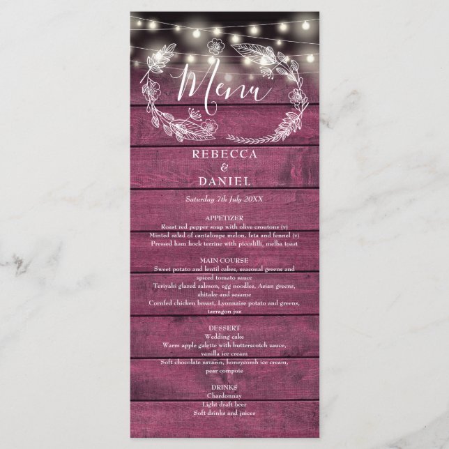 Menu Guirlande de lumières florale rustique rouge bois  (Devant)