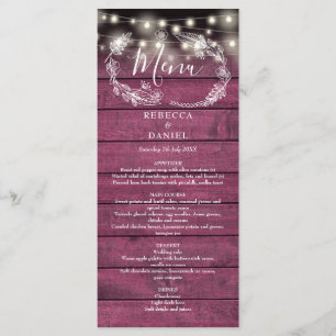 Menu Guirlande de lumières florale rustique rouge bois
