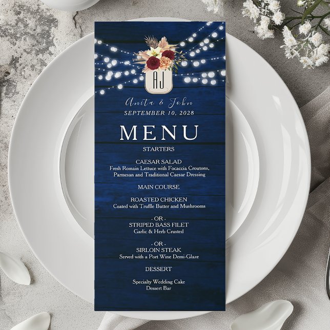 Menu Guirlande Lumineuse Rustique Bleu Marine Mariage (Créateur téléchargé)