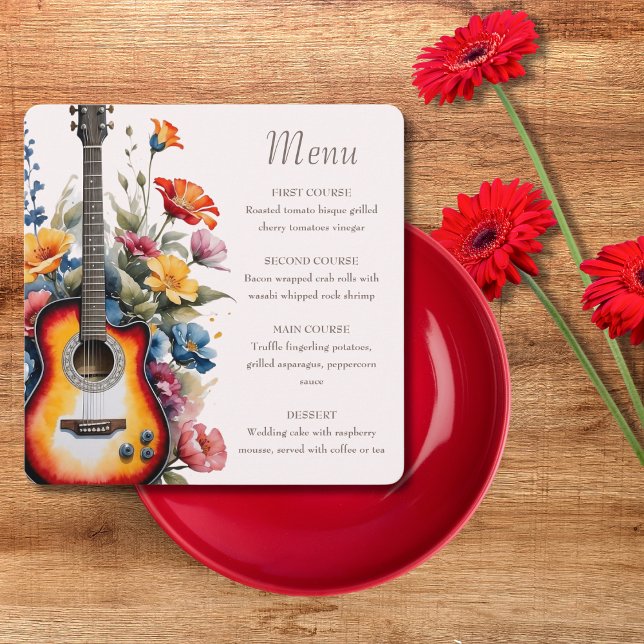 Menu Guitare Wildflower Esperluette Musicale Mariage (Flat lay music theme wedding guitar wildflower meadow modern elegant Menu)