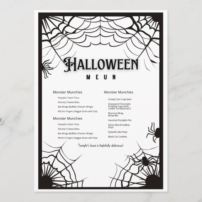 Menu Halloween Noir Et Blanc Simple (Devant)
