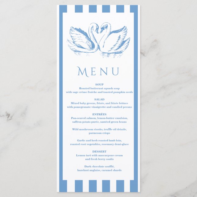 Menu hand drawn Blue Couple Swan Whimsical Wedding (Devant)