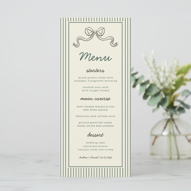 Menu Hand Drawn Bow Green Stripes Vintage Wedding (Debout devant)