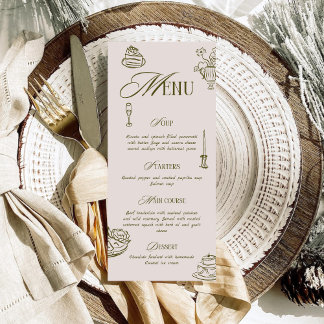 Menu Hand Drawn Green Retro Illustrated Dinner Wedding