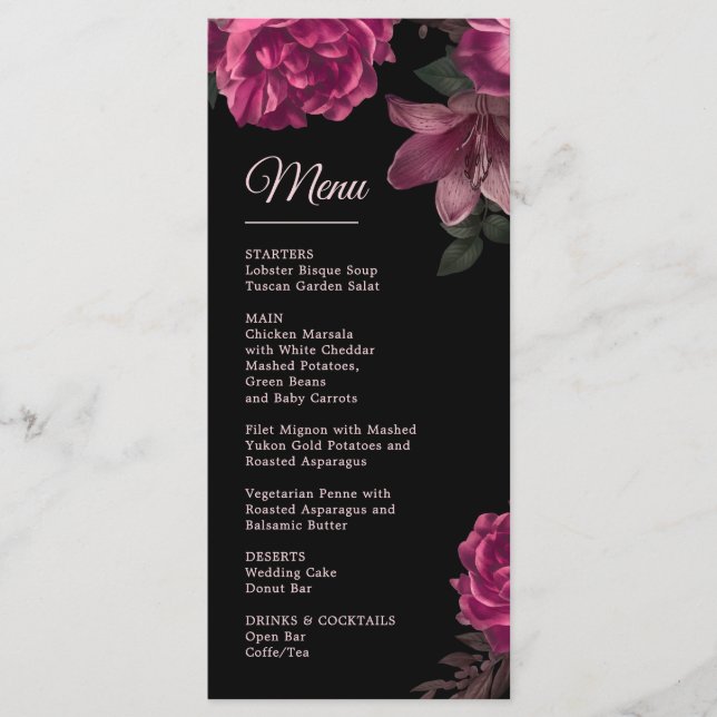 Menu Hand Drawn Roses Dark Romantic Wedding (Devant)