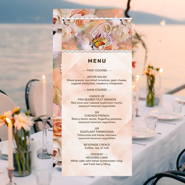 Menu Heart Pearls Orange Rose Papillons Mariage (Heart Pearls Orange Roses Butterflies Wedding Menu Outside wedding menu, menu card, reception)