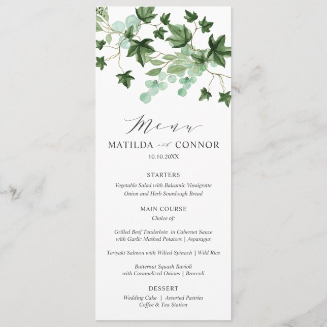 Menu Hedera | Elégante typographie Sage Mariage ou part (Devant)